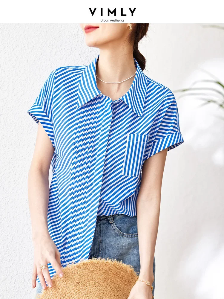

Рубашка и блузка Vimly женские с коротким рукавом, свободные прямые повседневные хлопковые топы с отложным воротником, одежда в синюю полоску, 2023