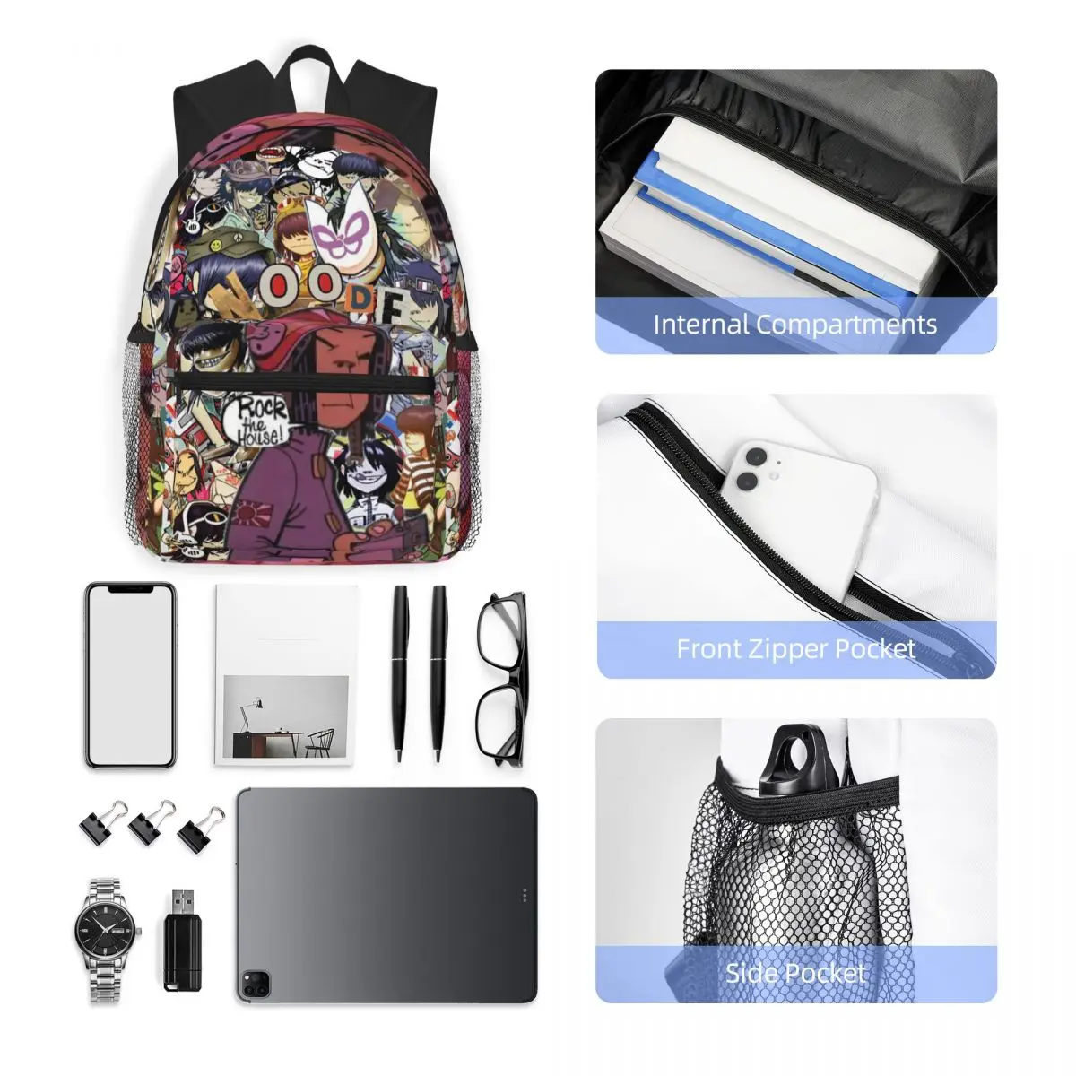 حقيبة ظهر مدرسية للطلاب من فرقة Music Band Gorillaz، حقيبة ظهر للسفر والمشي لمسافات طويلة للرجال والنساء، حقائب كتف