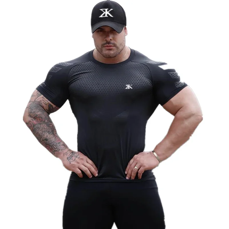 

Men Tshirt Bodybuilding Hight Elasticity Quick Dry Muscle Shirts Workout Gym Fitness Mens Casual Exercise Clothing