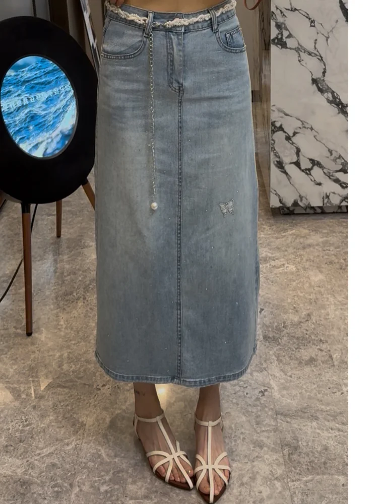 

Элегантная юбка А-силуэта средней длины с завышенной талией, украшенная кристаллами, в весенне-летнем французском стиле, повседневная, из хлопка и полиэстера