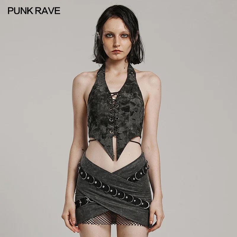 PUNK RAVE Women\'s Punk Personalized Pointed Hem Halter Vest Front Drawstring Design Adjustable Tops Summer Women Clothing