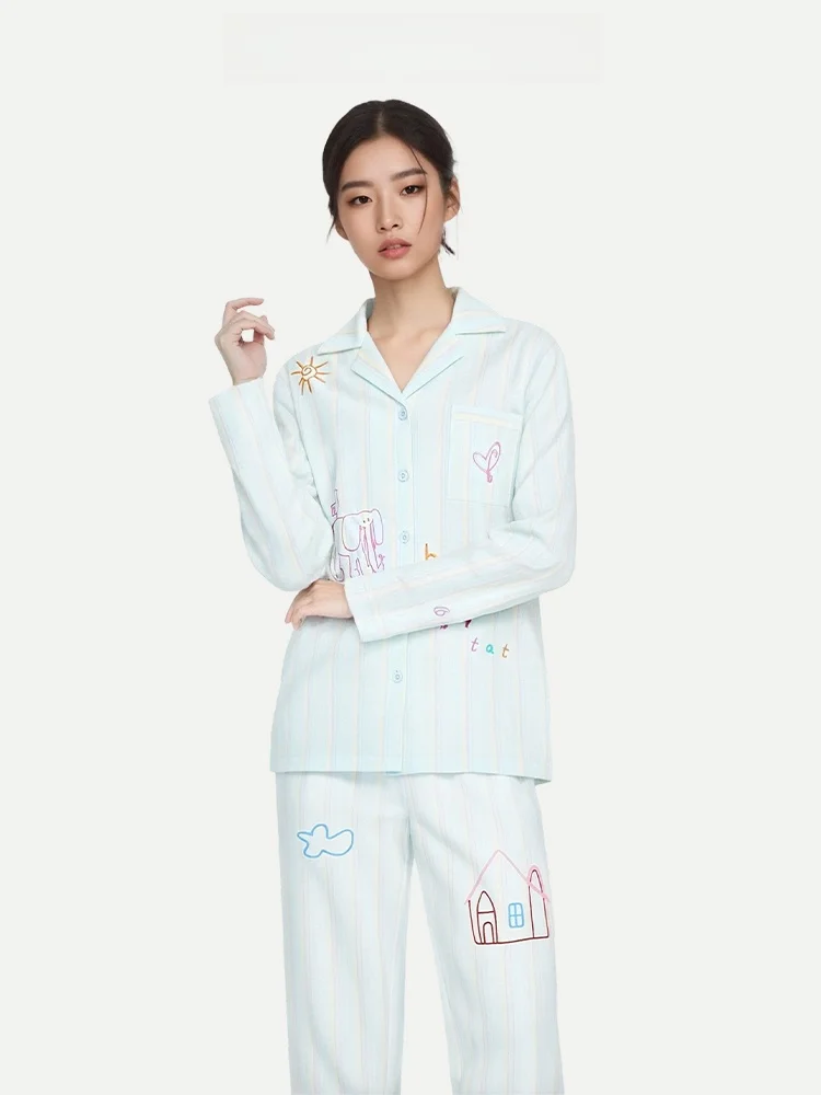 PinkBread Dreamy Elephant Women's Sleepwear Long Sleeve Silk Cotton Home Clothes Mint Green Spring Autumn Seasonal Outfit