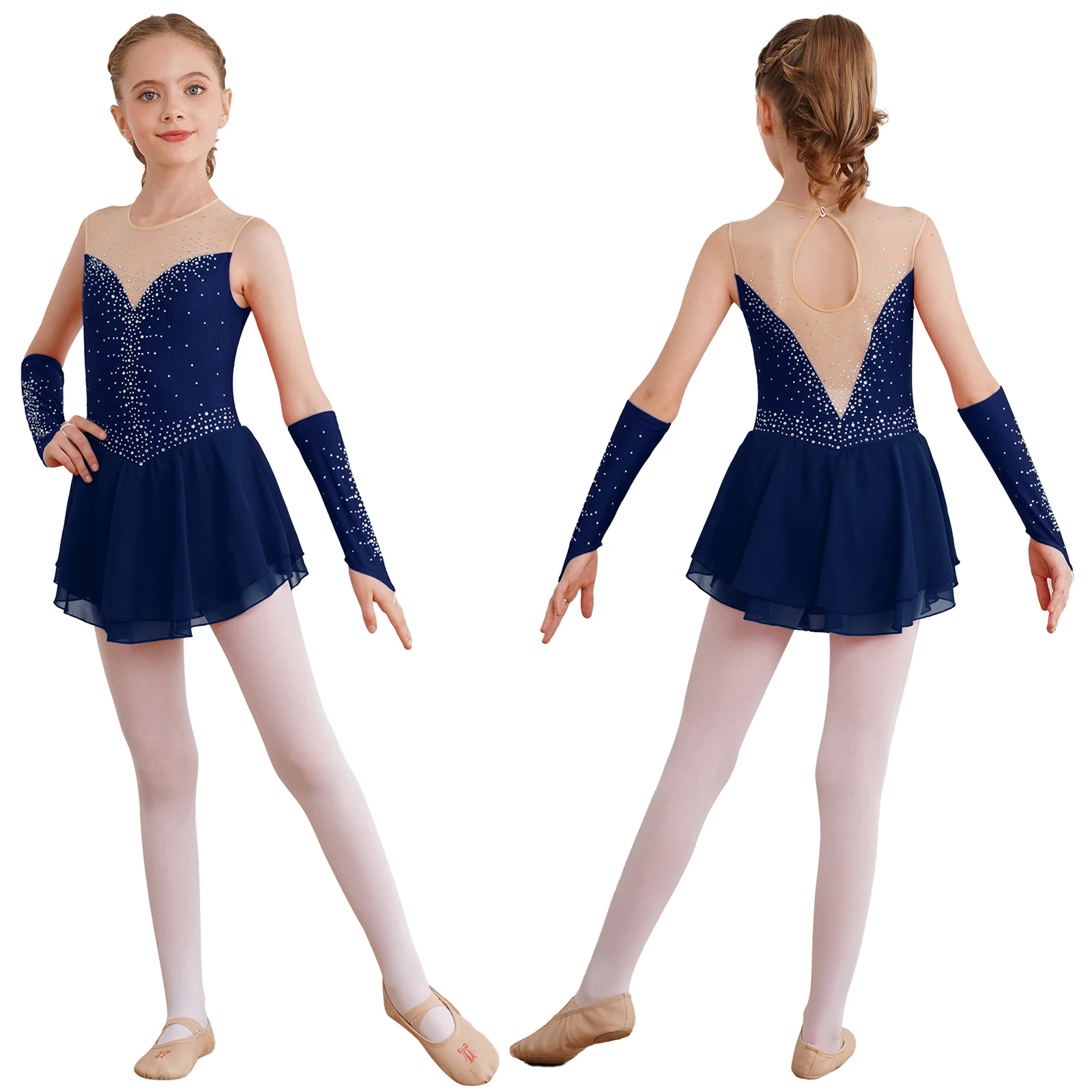 Kids Girls Artistic Figure Skating Ballet Lyrical Dance Outfit Glittering Rhinestone Rhythm Gymnastics Dance Dress with Gloves