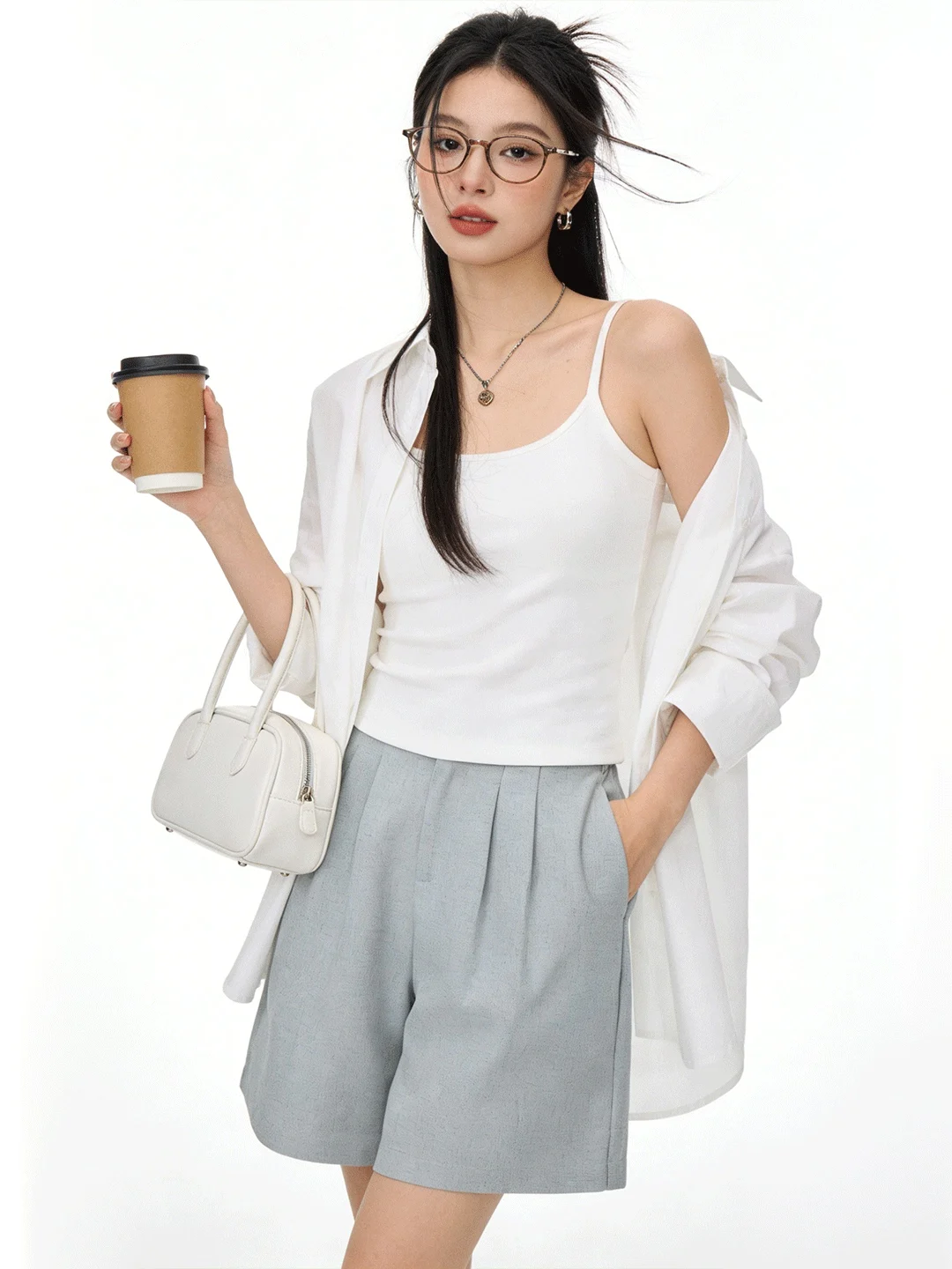 

High Waist Wide Leg ort Pants Commute Sle Simple Korean System Loose Elastic Waist Tee-Quarter Length Casual Pants