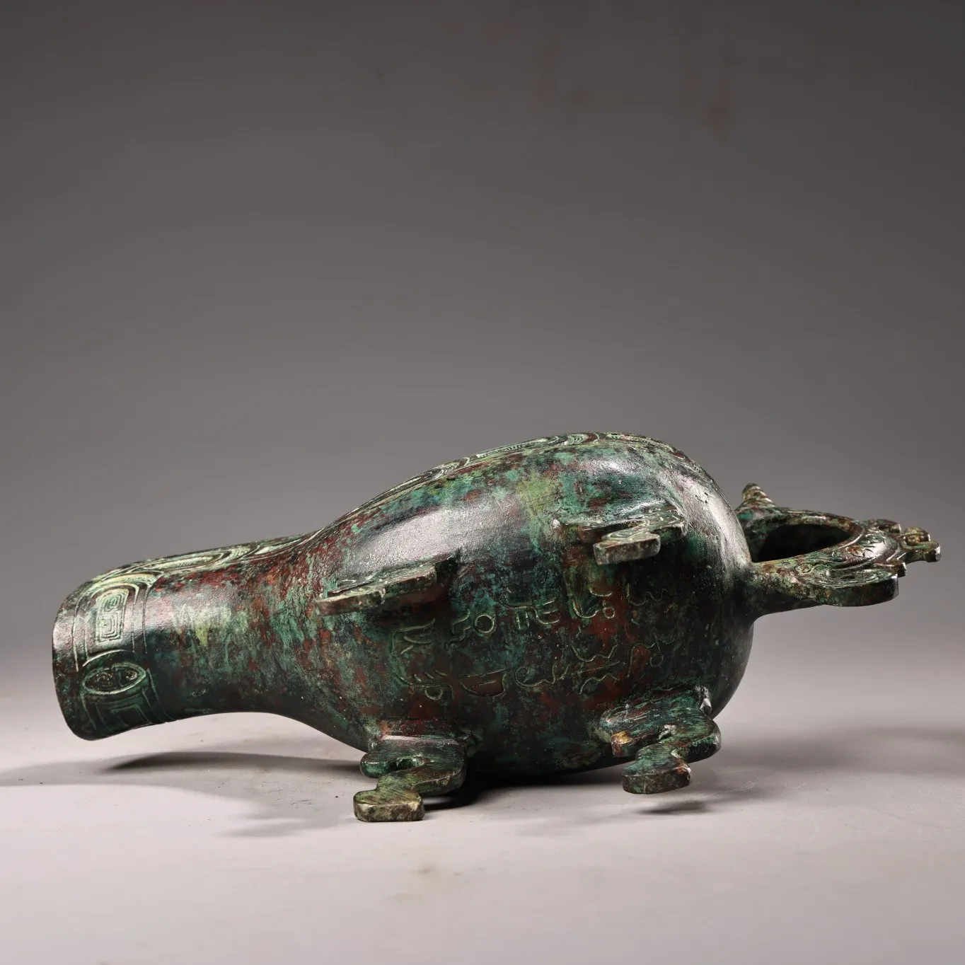 

10"Old China Collections Old Bronze verdigris Cinnabar Ancient script Beast Texture Dragon handle wine Glass Cann Kettle