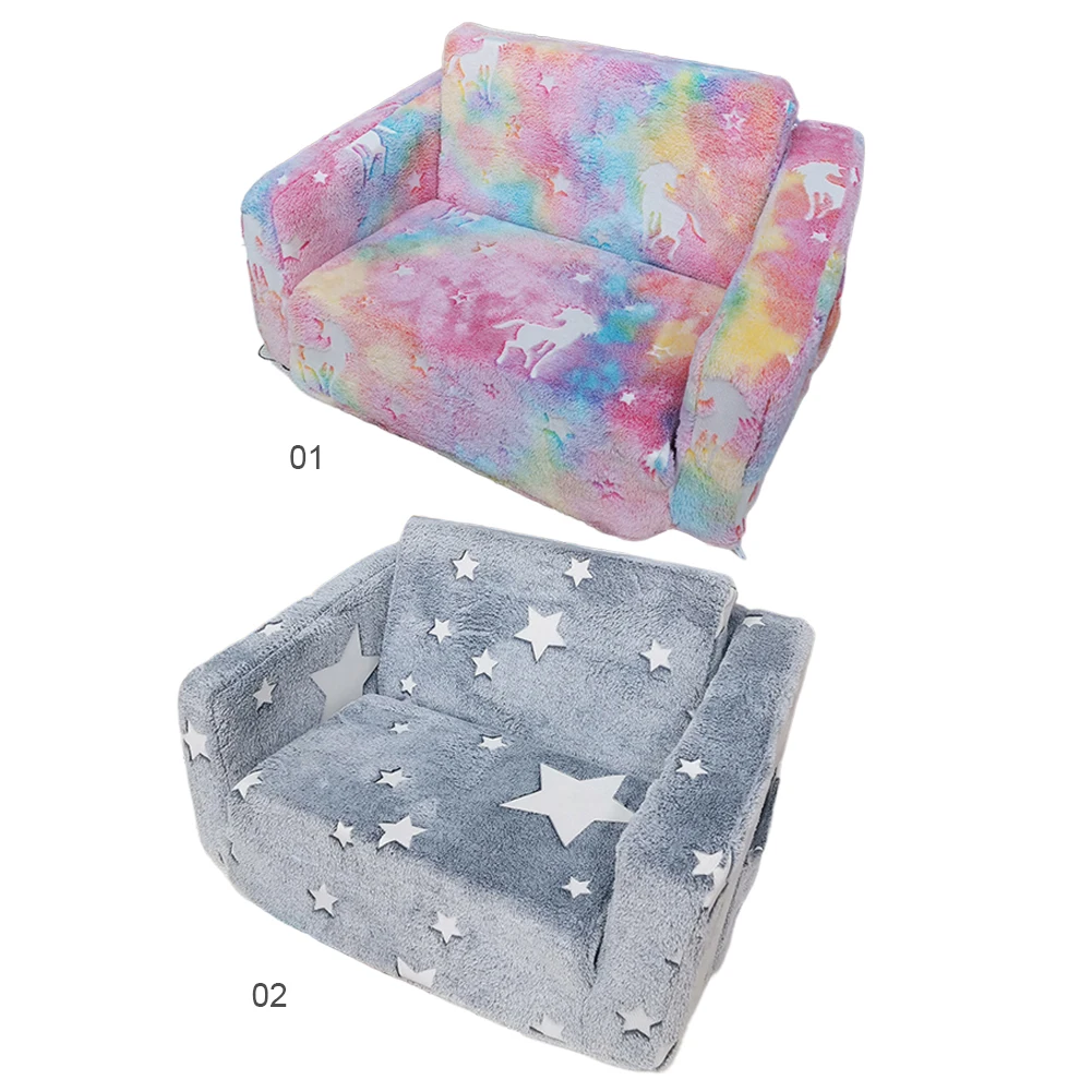 2 in 1 Kids Sofa Chair 2-in-1 Toddler Soft Couch Fold Out Toddler Play Couch Fold Out Glow in Dark Convertible Plush Foam Chair