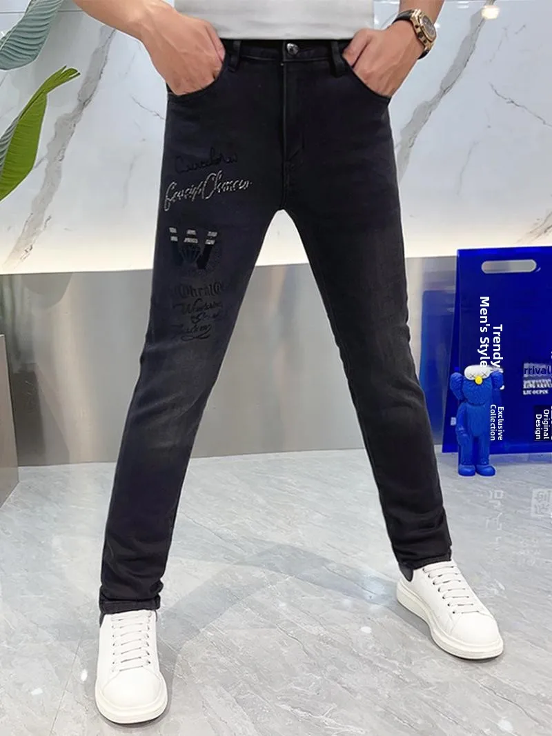 

Bla Fce Lined Slim Fit Jeans Men's Faionable Winter Trousers with Rhinestone Print Modern Thi Warm Leggings
