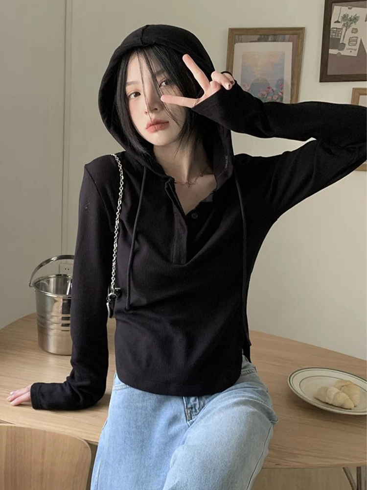 

Y2K Hooded T-Shirts Women Autumn Long Sleeve Tops Female Korean Style V Neck Slim T Shirt Ladies Harajuku Casual Buttons Tee