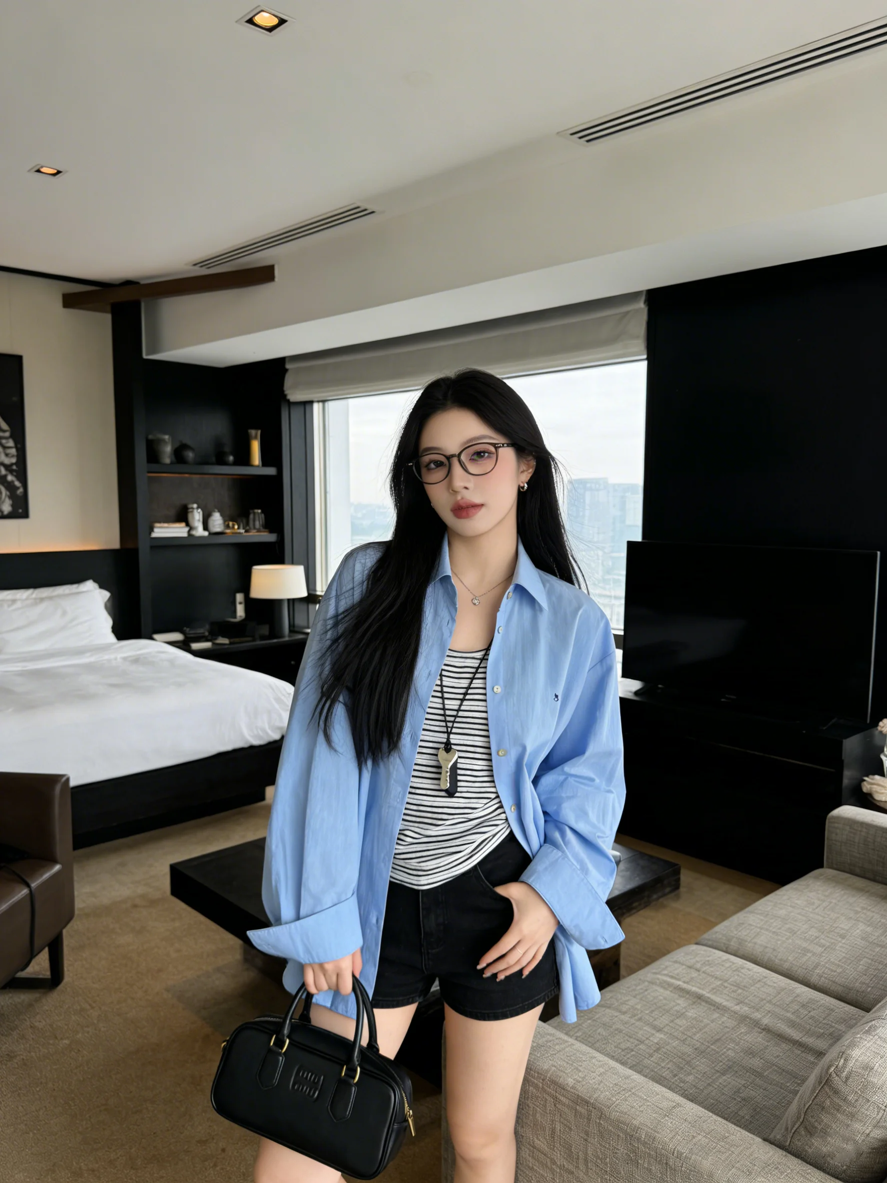

Blue Commuter Shirt And Vest Set Women's Fashion Comfortable Skin-friendly Slimming Early Spring New Style Korean Version