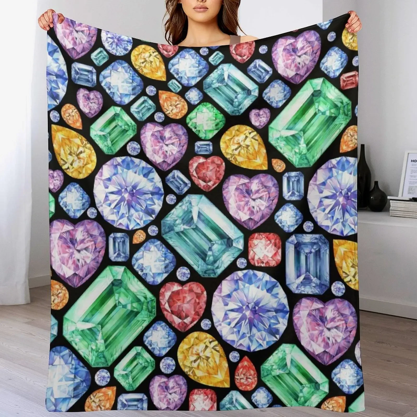 

Colorful Gemstone Painting. Sparkling Gem Print on black Throw Blanket Soft Comfort Blanket for Reading Watching TV