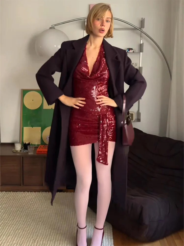 Chic Sequin Backless Halter Mini Dress Women Sexy Sleeveless Off-shoulder Waist Cinching Dresses 2026 Lady Club Party Vestidos