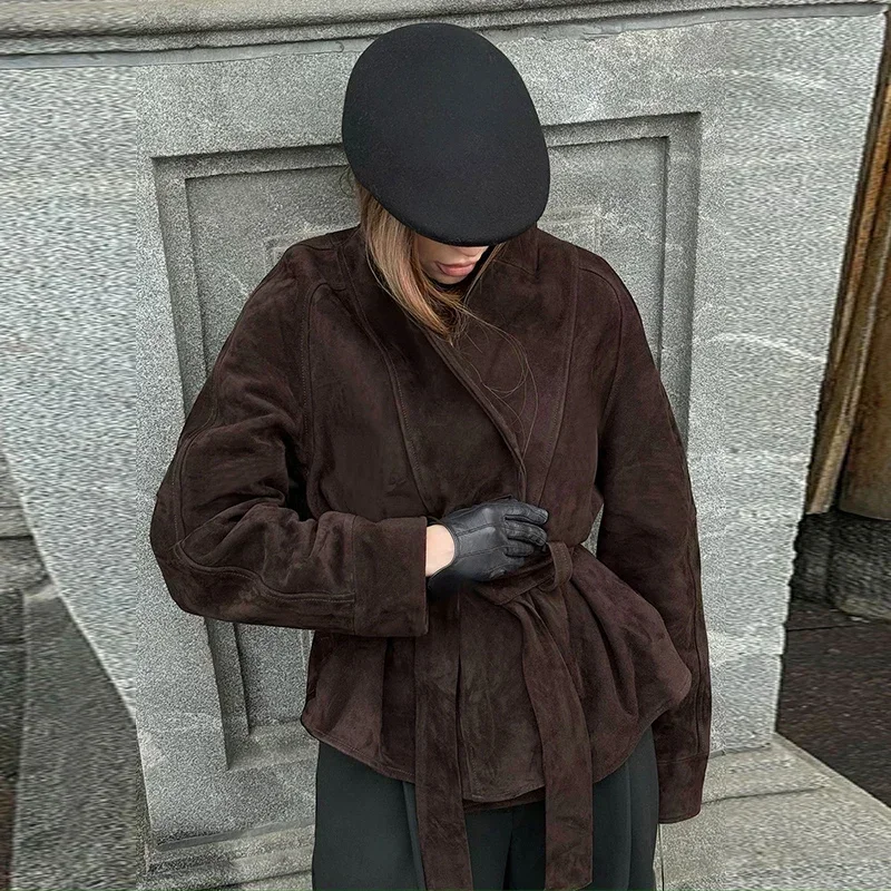 

Retro Velvet with Belt Coats Women Loose Long Sleeve V-Neck Lace Up Solid Lady Jackets 2025 Autumn Street Outwear Female New