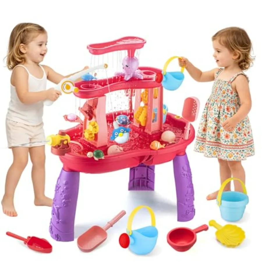 

Outdoor water table for toddlers 3-5, plastic sensory play table with fishing game set, blue and yellow, UV-resistant and easy-