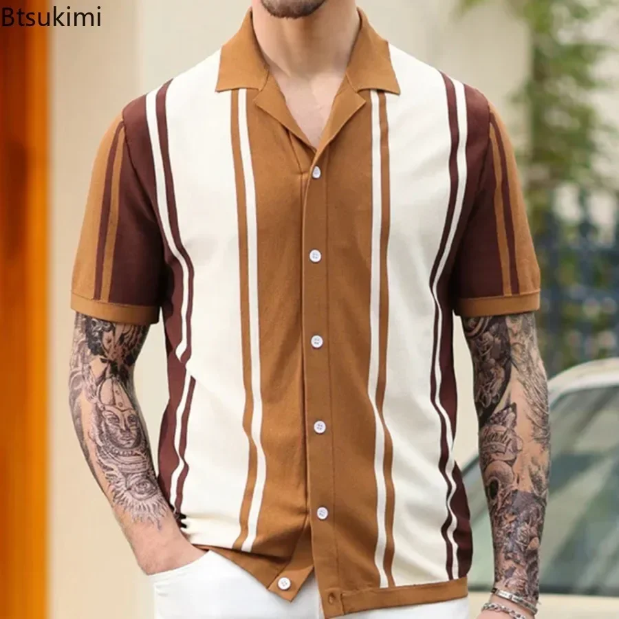 

2025 Men's Summer Clothing Men Casual Business Knitted Lapel Polo Shirts Male Fashion Patchwork Contrast Color Knitwear T-shirts