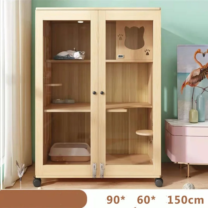 Solid Wood Modern Animal Pattern Cat Villa Indoor Cat House with Snap Button Closure Waterproof Easy Clean Luxury Pet Furniture