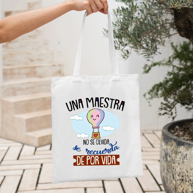 Spanish Print Tote Bag Gift for Una Maestra Graduation Retire Back To School Gift Women Foldable Shopping Handbag Mujer Bolsas