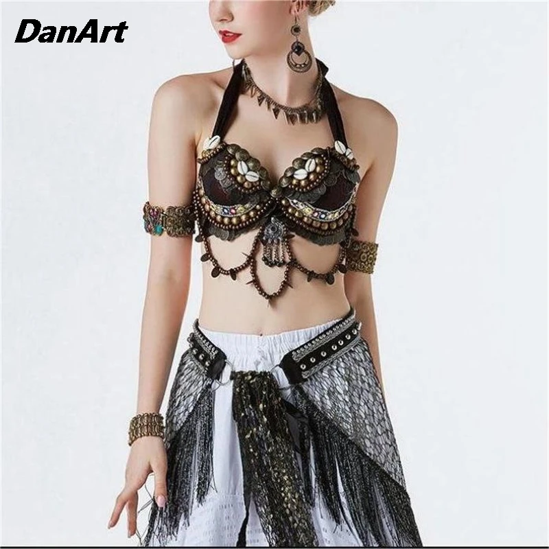 Disfraz de danza del vientre para mujer, Ropa Étnica, Tribal, gitana, sujetador con cuentas a mano, ajustable, novedad