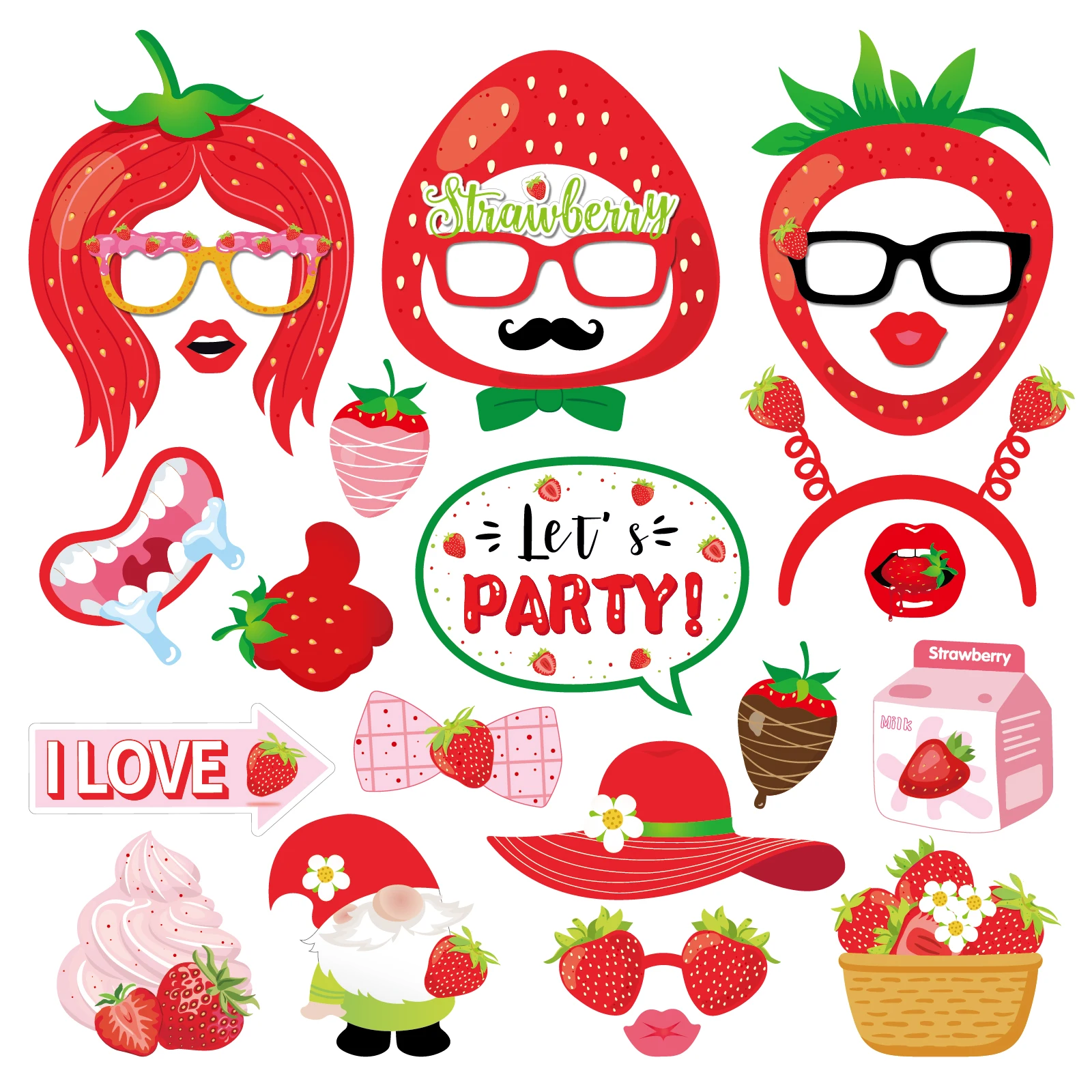 25 Stück süße Erdbeere Photo Booth Requisiten Fruite Handheld Fotografie Requisiten Kit für Babyparty Kindergeburtstag Partyzubehör