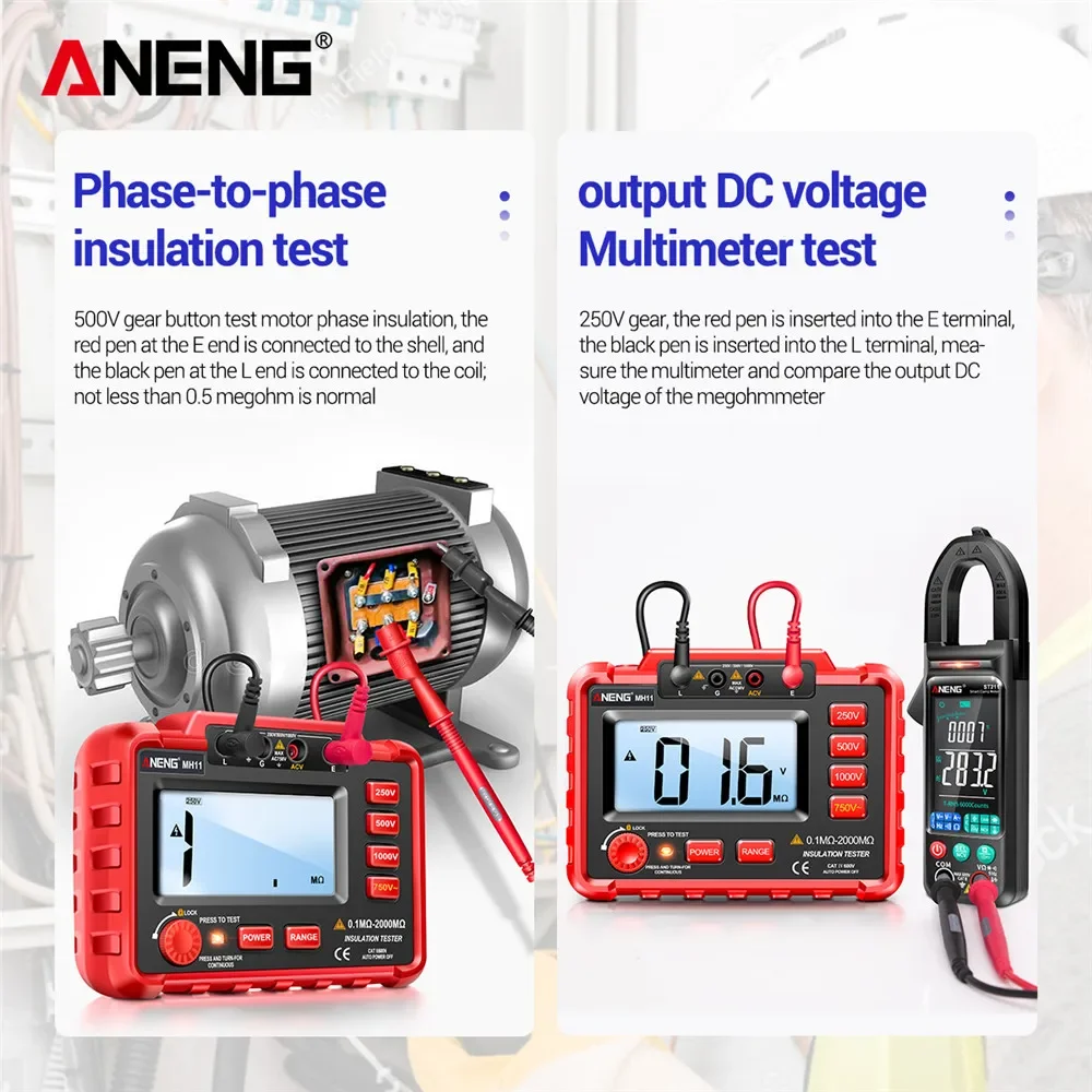 ANENG MH11 Digital Megohmmeter Meter 250/500/1000V Insulation Earth Resistance Meters Tester cable Voltmeter Megger Meter