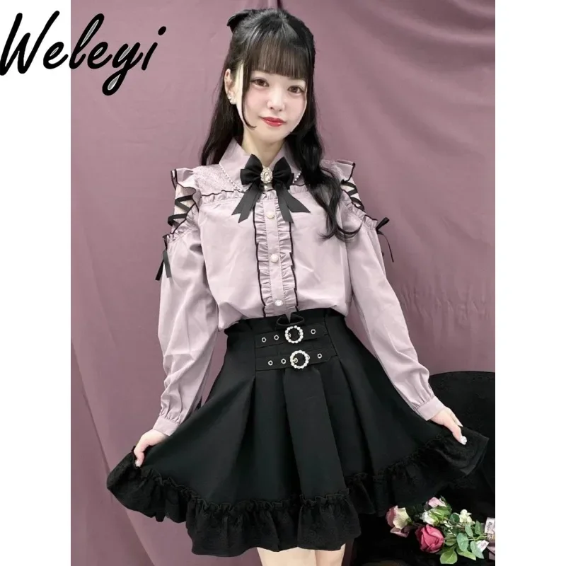 

Lolita Kawaii Faldas Para Mujeres New High Waist Mine Series Mass Production Double Circle Belt Roll Strap A Shaped Short Skirts