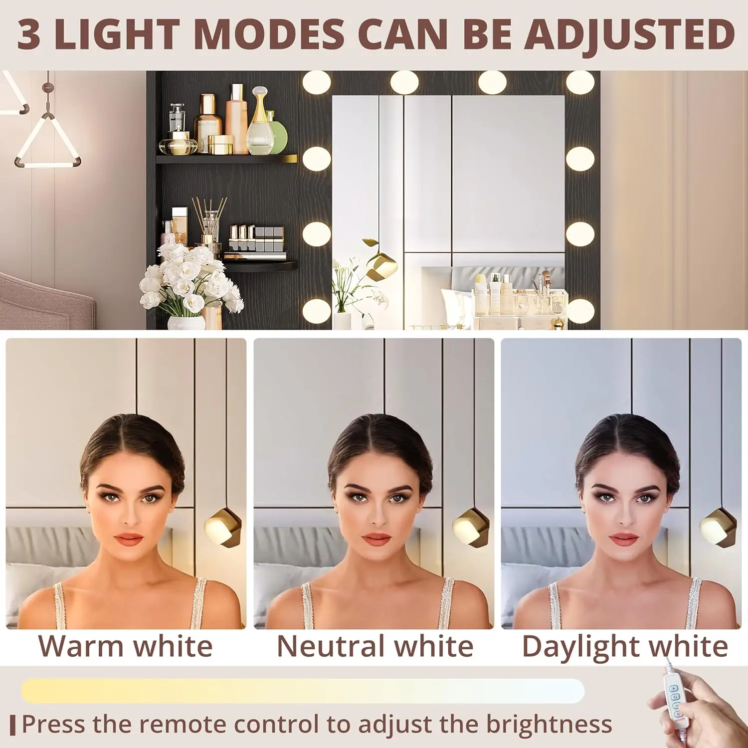 مكتب زينة من IRONCK مع مرآة وأضواء، طاولة زينة صغيرة للمكياج مع 5 أدراج، طاولة تزيين لغرفة نوم الفتيات والنساء