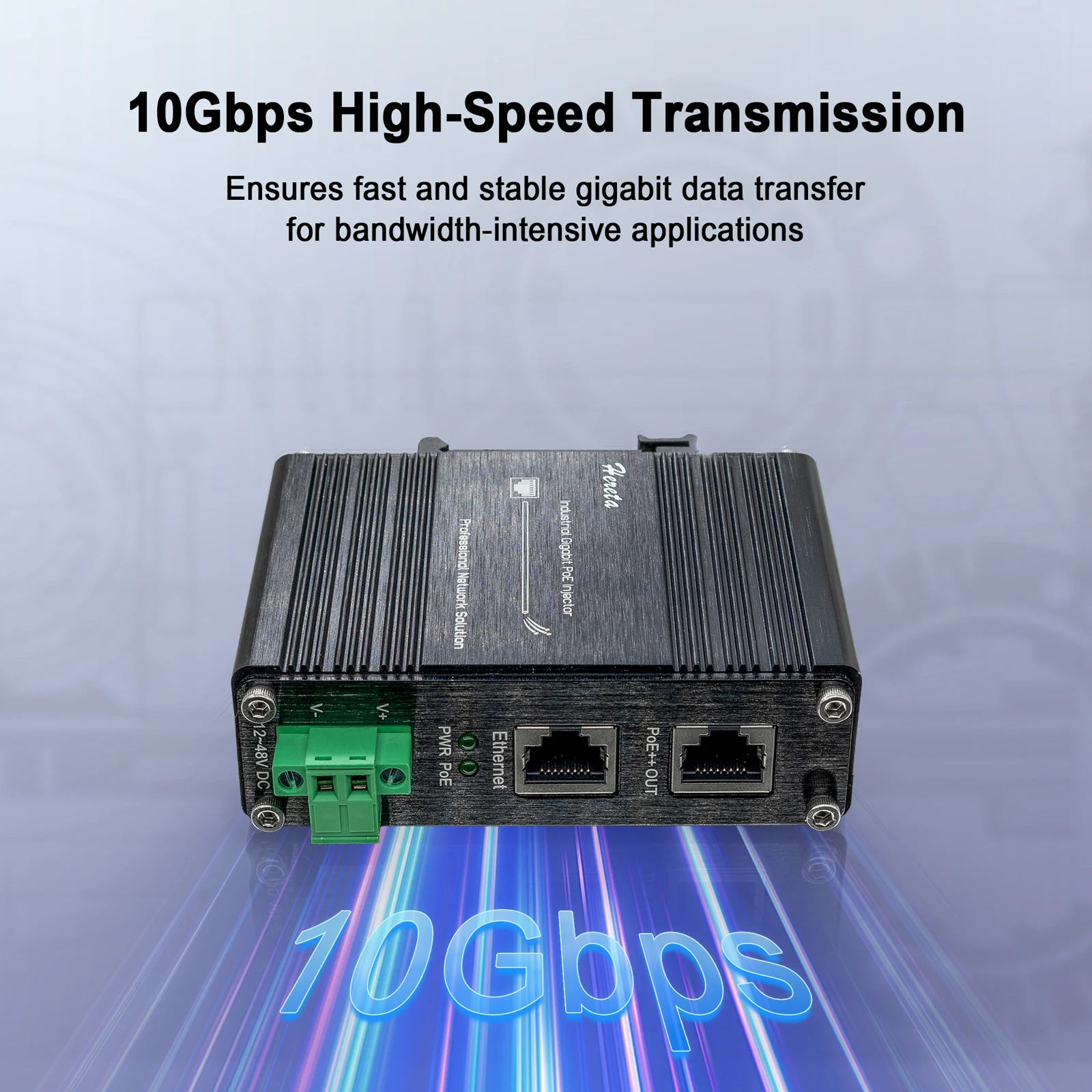 Industrial Switch PoE++ Ethernet Injector 2.5/5/10G 802.3bt 90W 2 RJ45 Port 12~48VDC Input Din Rail Wall Mount Aluminum Case 5