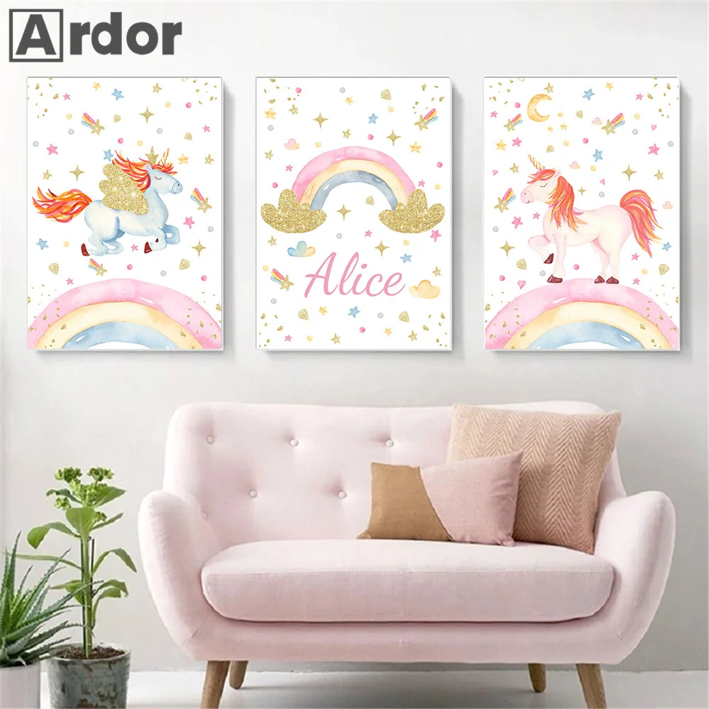 

Cloud Rainbow Print Unicorn Canvas Wall Art Custom Name Poster Children Nursery Art Painting Nordic Picture Baby Room Decoration