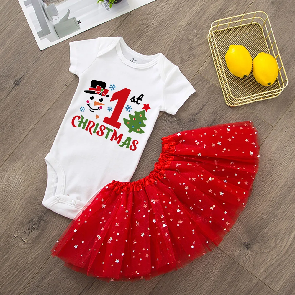 My First Christmas Newborn Girl Red Romper Jumpsuit Baby Girl Casual Short Sleeve Toddler Cake Dresses Christmas Best Gifts