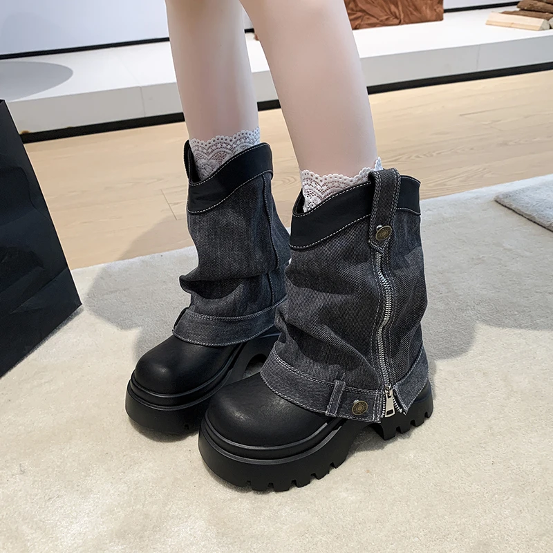 

Новые осенне-зимние женские ботинки до середины икры, кожаные парусиновые кроссовки на высоком каблуке 7,5 см, ботильоны, обувь в стиле панк, мотоциклетные ботинки