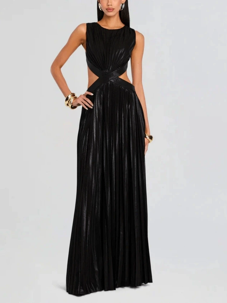 Vestido de noite elegante sem mangas plissado vestido de estampagem a quente com cintura elástica e vestido de saia longa sem costas