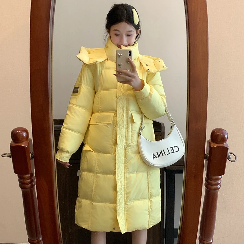 

Detachable Hood Loose Fit Women's Cotton Jaet Knee-Length Oversize Korean Sle Zipper ket Long Sve Color Coat