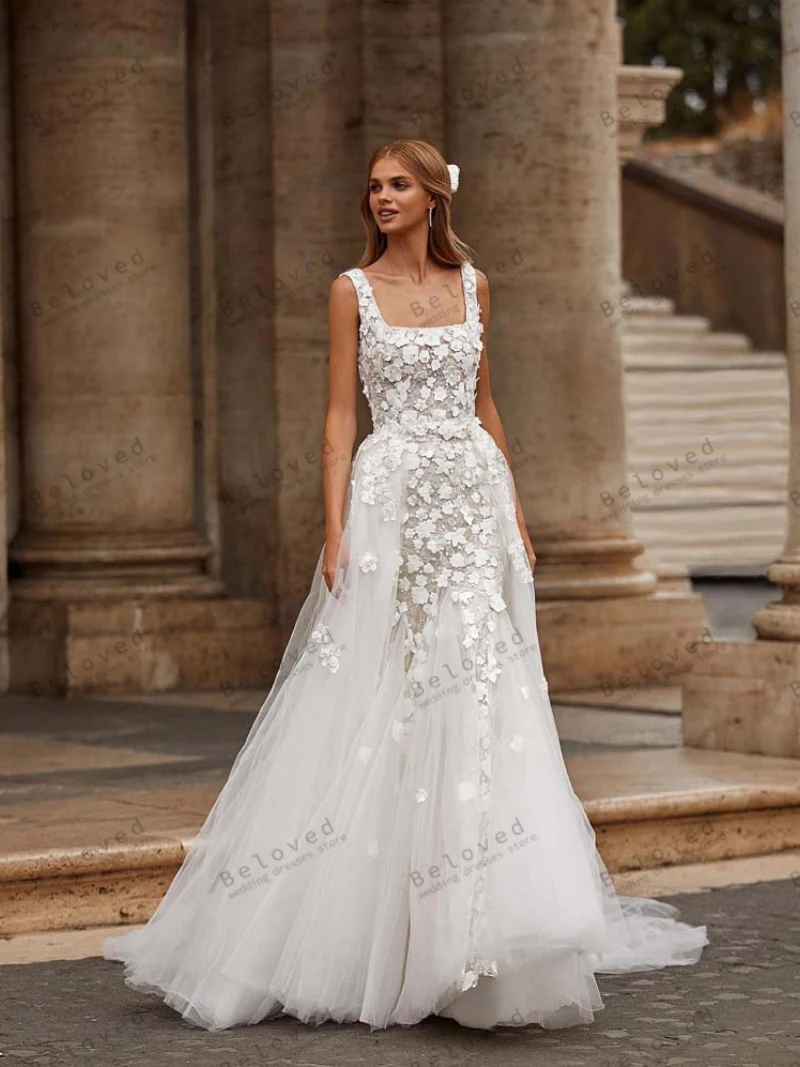 Abiti da sposa glamour abiti da sposa con stampa floreale 3D abiti con colletto quadrato per abiti da festa formale senza schienale De Novia 2024