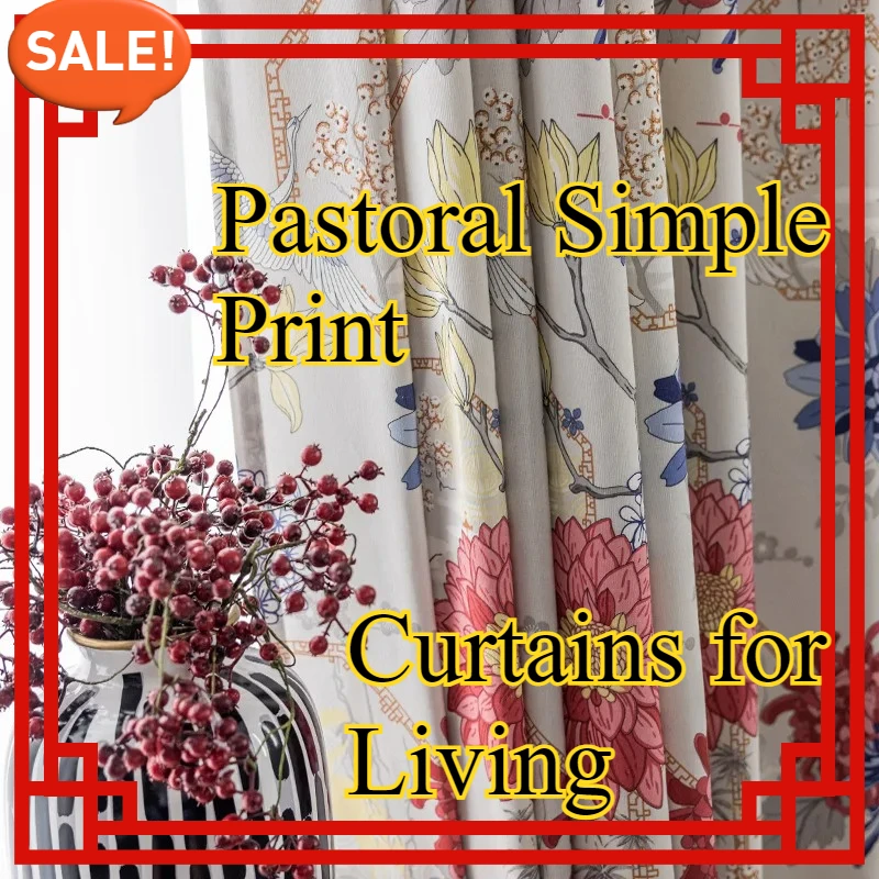 

American Flower Red Blue Pastoral Simple Polyester Cotton Print High Shading Window Curtains for Living Dining Room Bedroom Home