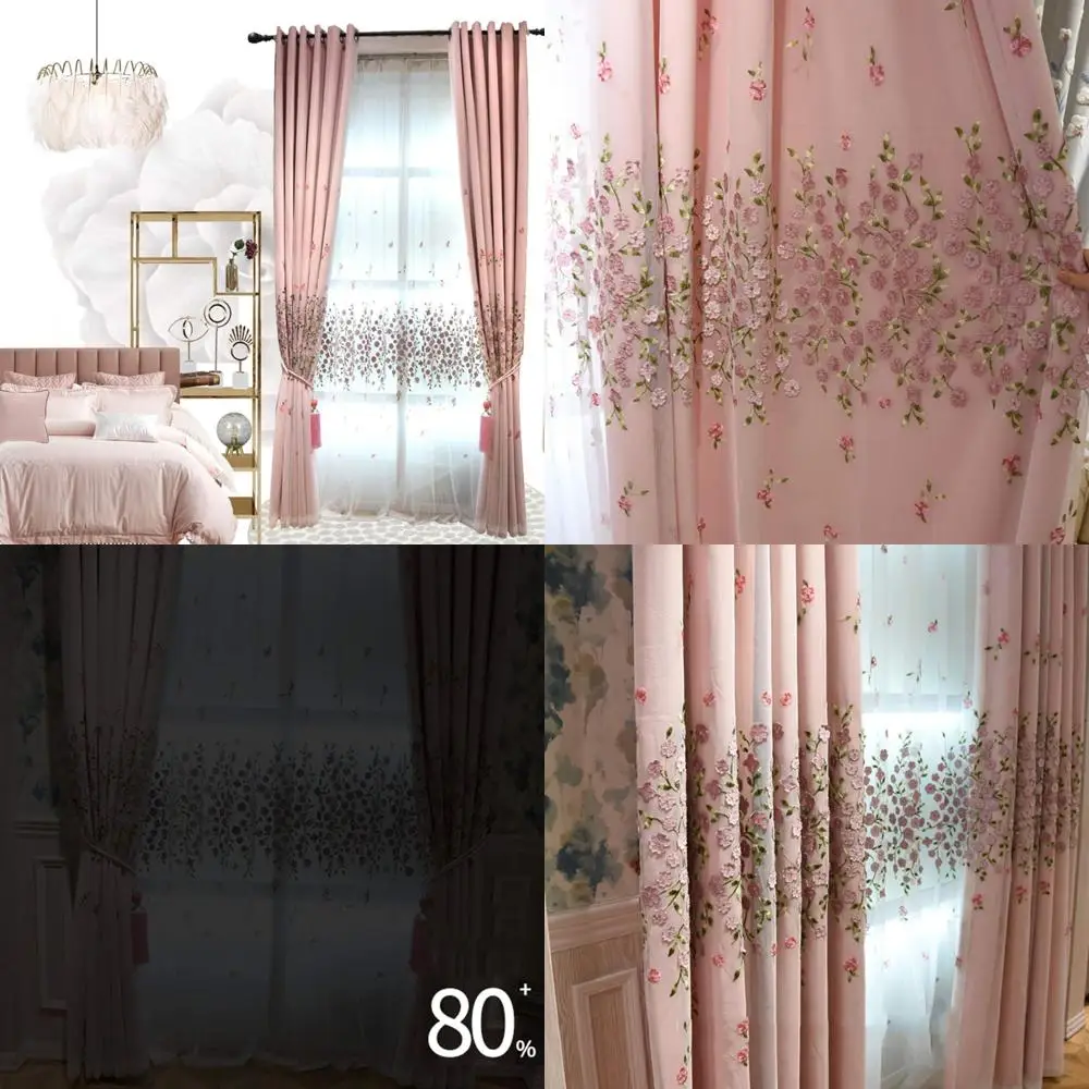 1 PC-Jacquard-Fenstervorhänge, romantischer Voile-Vorhang, doppellagige, mit Blumen bestickte Vorhänge, Verdunkelung für Mädchenzimmer (Farbe: Ho