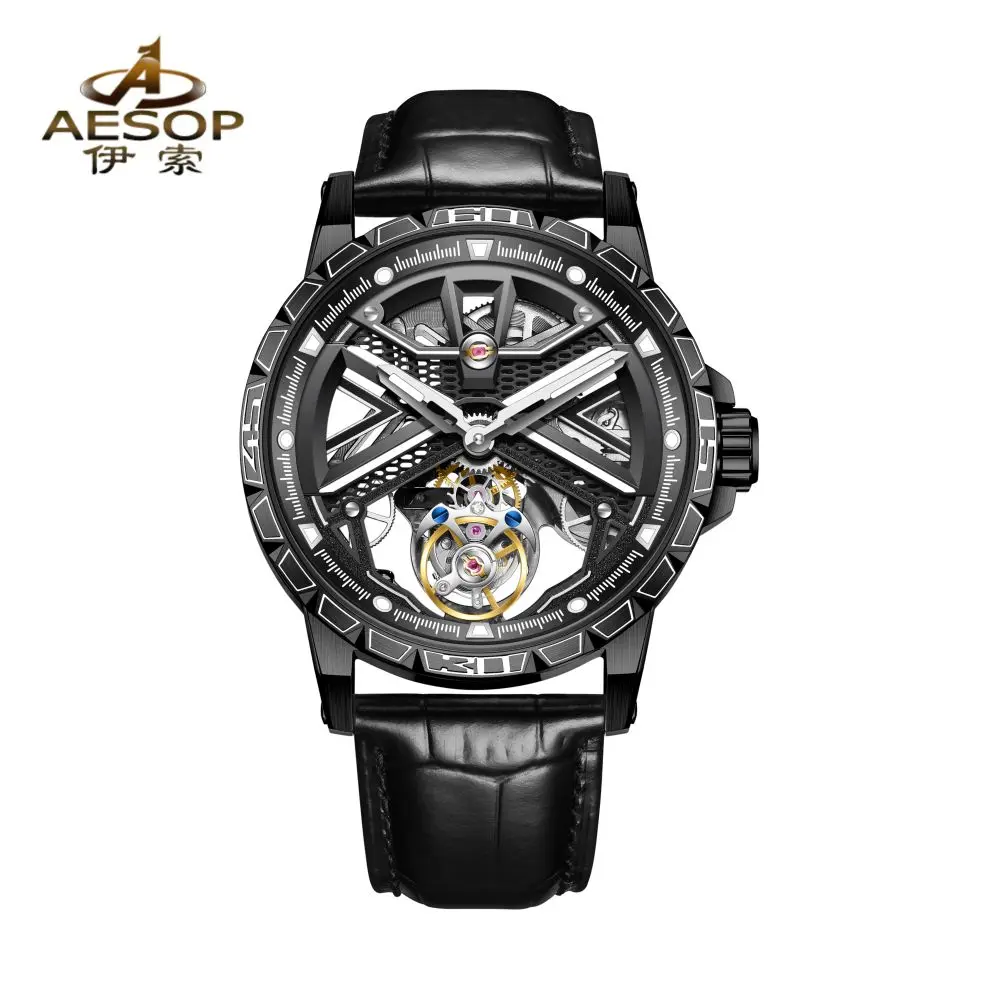 AESOP Real Flying Tourbillon Movement Mechanical Watch For Men Luxury Mens Skeleton Tourbillon Watches Fashion Sapphire Mirror