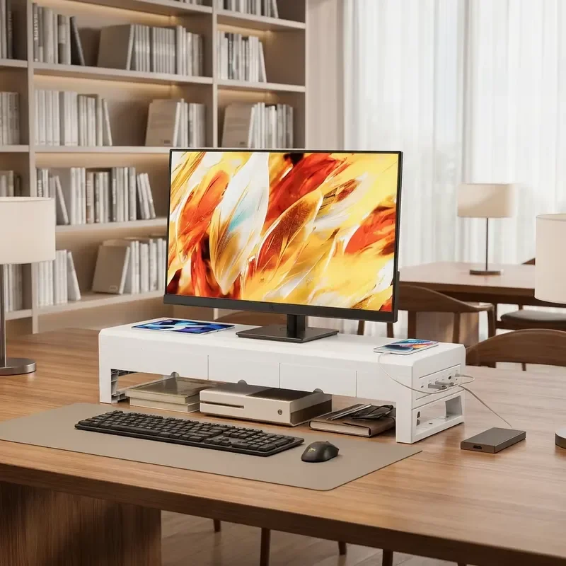 700Mm Desktop Storage Stand Monitor Stand with 3 Built-in Drawers and Integrated Wireless Charging