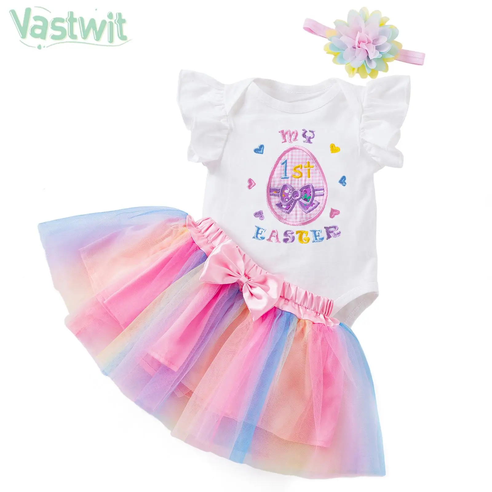 

3-24M Baby Girl Summer Casual Clothes Set Easter Baptism Birthday Party Outfit Short Sleeve Romper with Mesh Tutu Skirt Headband