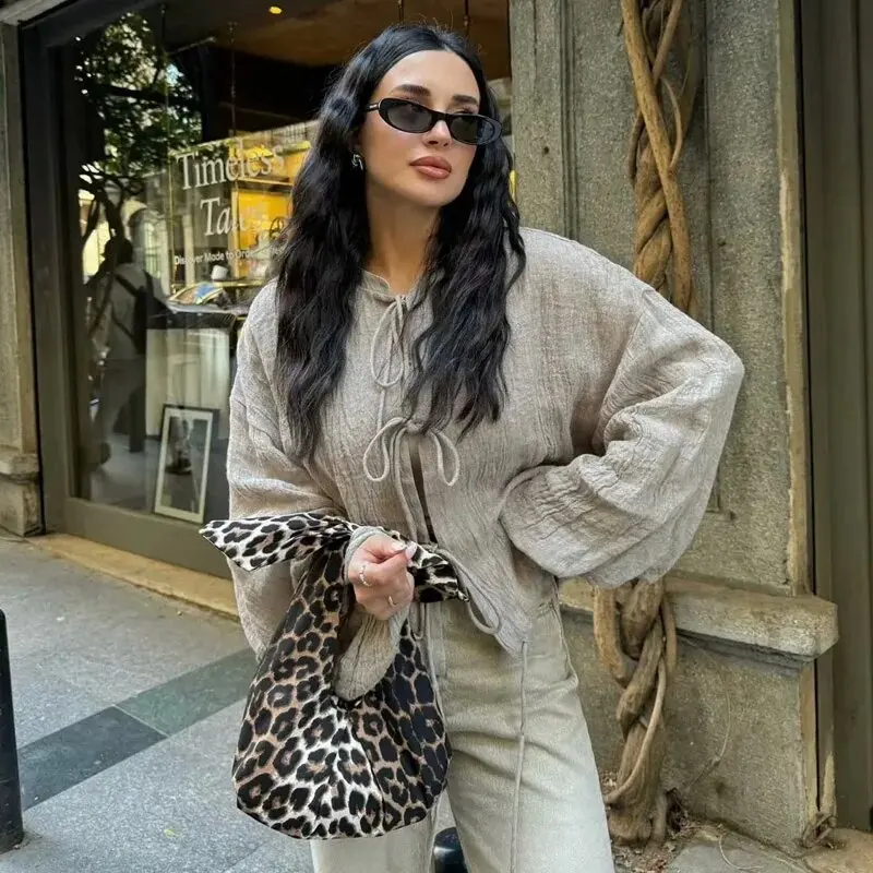 Crop Bow Lace-Up Bluse Damen Shirt Sommer O-Ausschnitt Langarm Lose Shirt Elegante Mode All-Match Damen Blusen