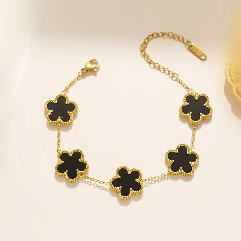 Gran oferta chapada en oro, planta de acero inoxidable 316L, pulsera de cinco hojas y flores, clásica para mujer, nueva moda, joyería de fiesta, trébol