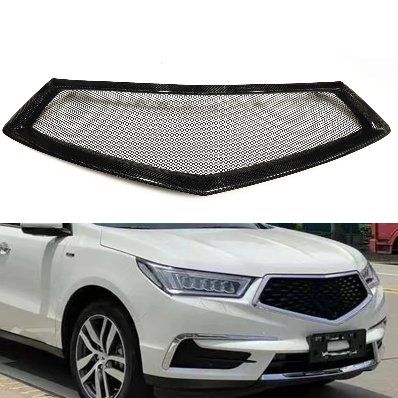 For Acura MDX 4DR 5DR 2017 2018 2019 2020 Real Carbon Fiber/Fiberglass Front Grille Grill Car Upper Bumper Hood Mesh Grid Kit