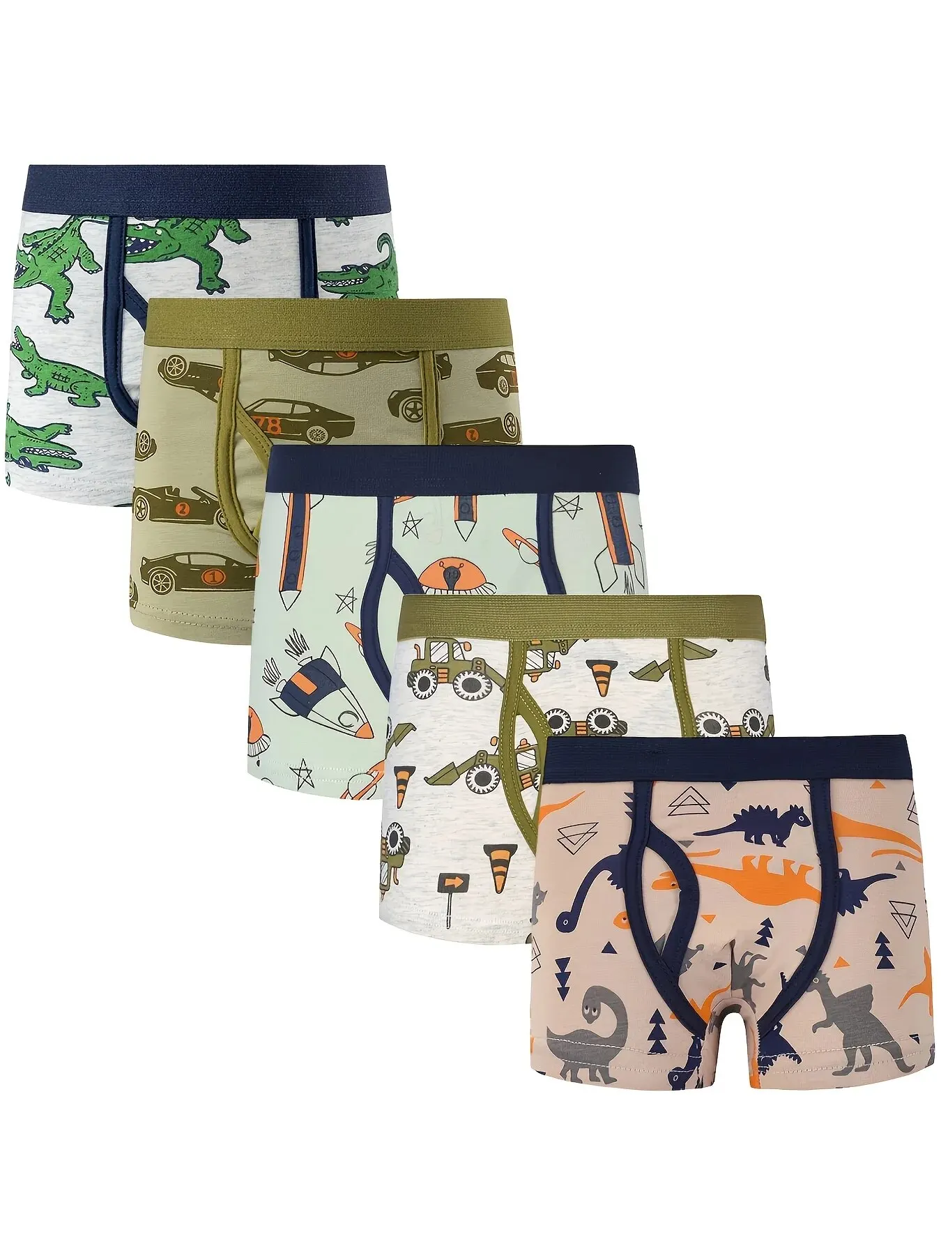 5er-Pack Jungen-Boxershorts mit Dinosaurier-, Krokodil-, Baufahrzeug- und Raketen-Print – Kinderunterhosen – Detail 1