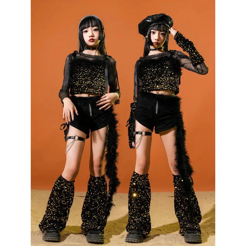 الأطفال في سن المراهقة فتاة الجاز الذهب الترتر الهيب هوب مرحلة عرض الأزياء سترة بانت السراويل مجموعات الدعاوى الاطفال أزياء مسرحية الملابس