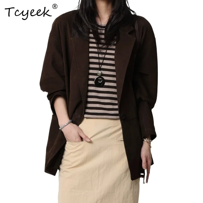 Tcyeek Real Leather Jacket Women Clothing Fashion Vintage Sheepskin Women's Coat Cozy Loose Fit Genuine Leather Дубленка Женская