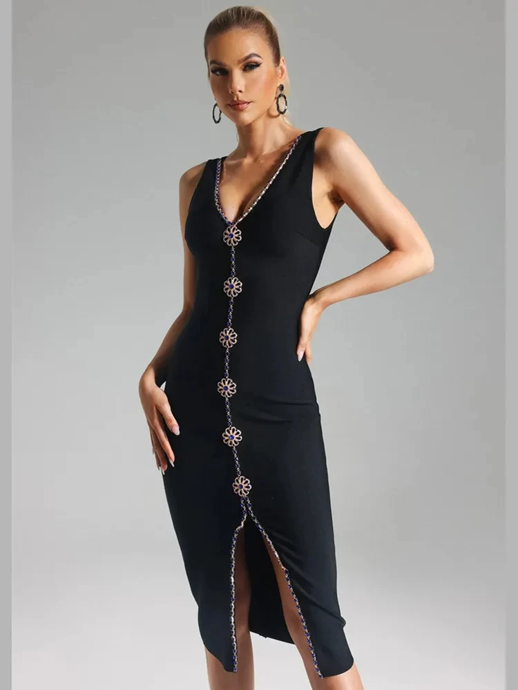 

2024 Summer Celebrity Sexy V Neck Rhinestone Split Black Midi Bodycon Bandage Dress Elegant Evening Club Party Dress