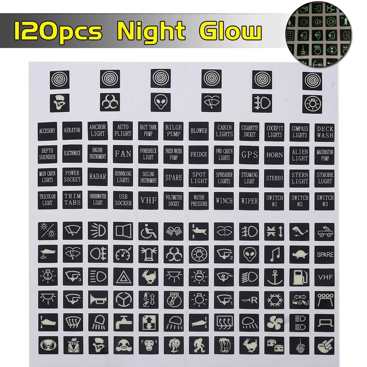 120pcs Rocker Switch Label Decal Panel Luminous Sticker For Car Marine Boat Truck Instrument Switches Relays Decor