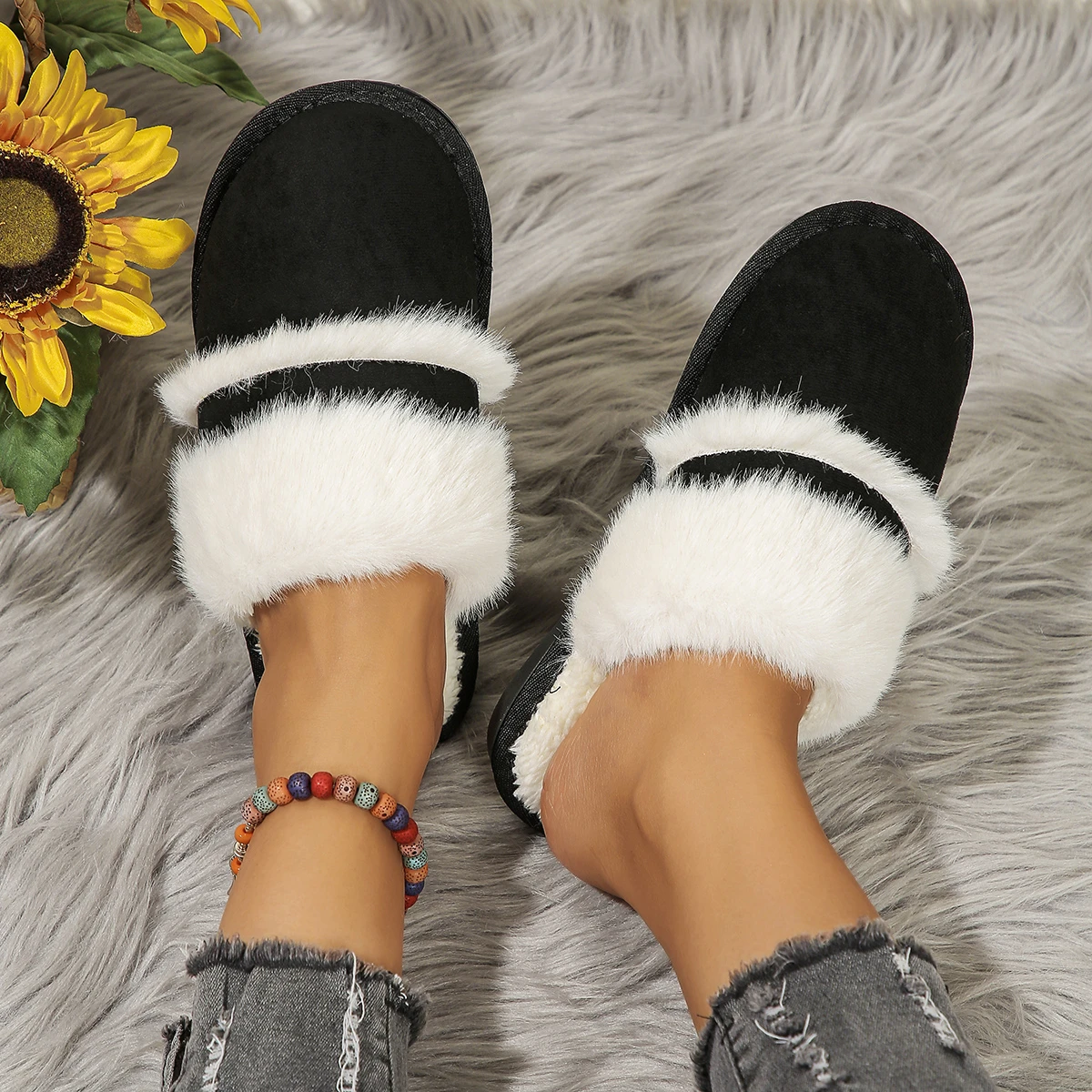 Comwarm Fluffy Winter Slippers For Women Furry Fuzzy Home Shoes Faux Fur House Plush Slippers Indoor Warm Comfy Mute Flats Slide