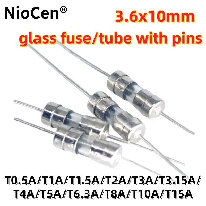 (20 قطعة) 3.6X10 مللي متر مع دبوس زجاجي فيوز/أنبوب T0.5/1/2/3/4/5/10/15A 250 فولت غطاء مزدوج كسر بطيء