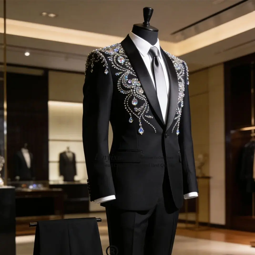 

Luxury Gem Rhinestone Men Suits 2 Piece Sets Male Prom Blazer Customized Shawl Lapel Ropa hombre Slim Fit Groom Wedding Tuxedos