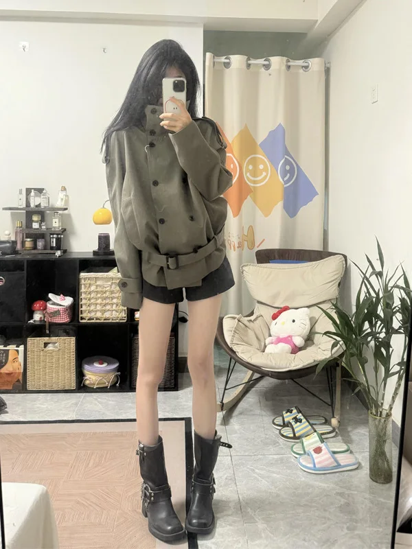 

Fashionable Green Double-Row Button Style Coat Women's Loose Casual Long Sleeve Stand Collar Windbreaker Outerwear for Autumn