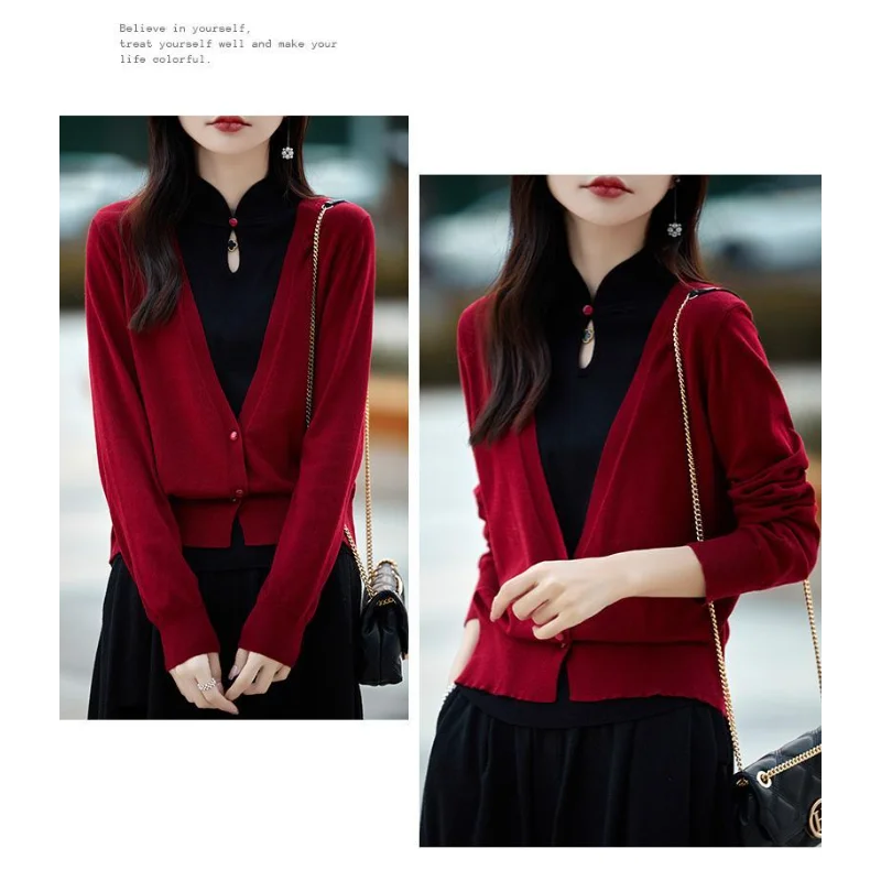 Autumn and Winter Women's Chinese Style Chinese  Folding Fake Two-piece Cardigan Pullover Sweater Slim Top